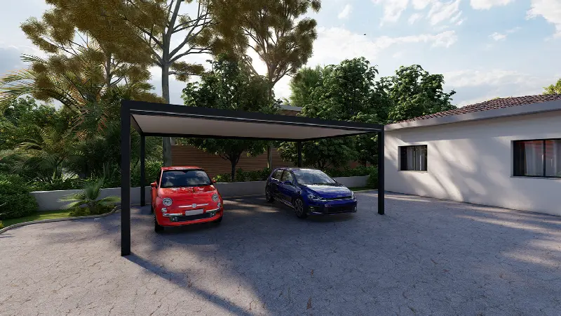 Carport M130 noir à côté d'une maison, deux voitures dessous, image de synthèse