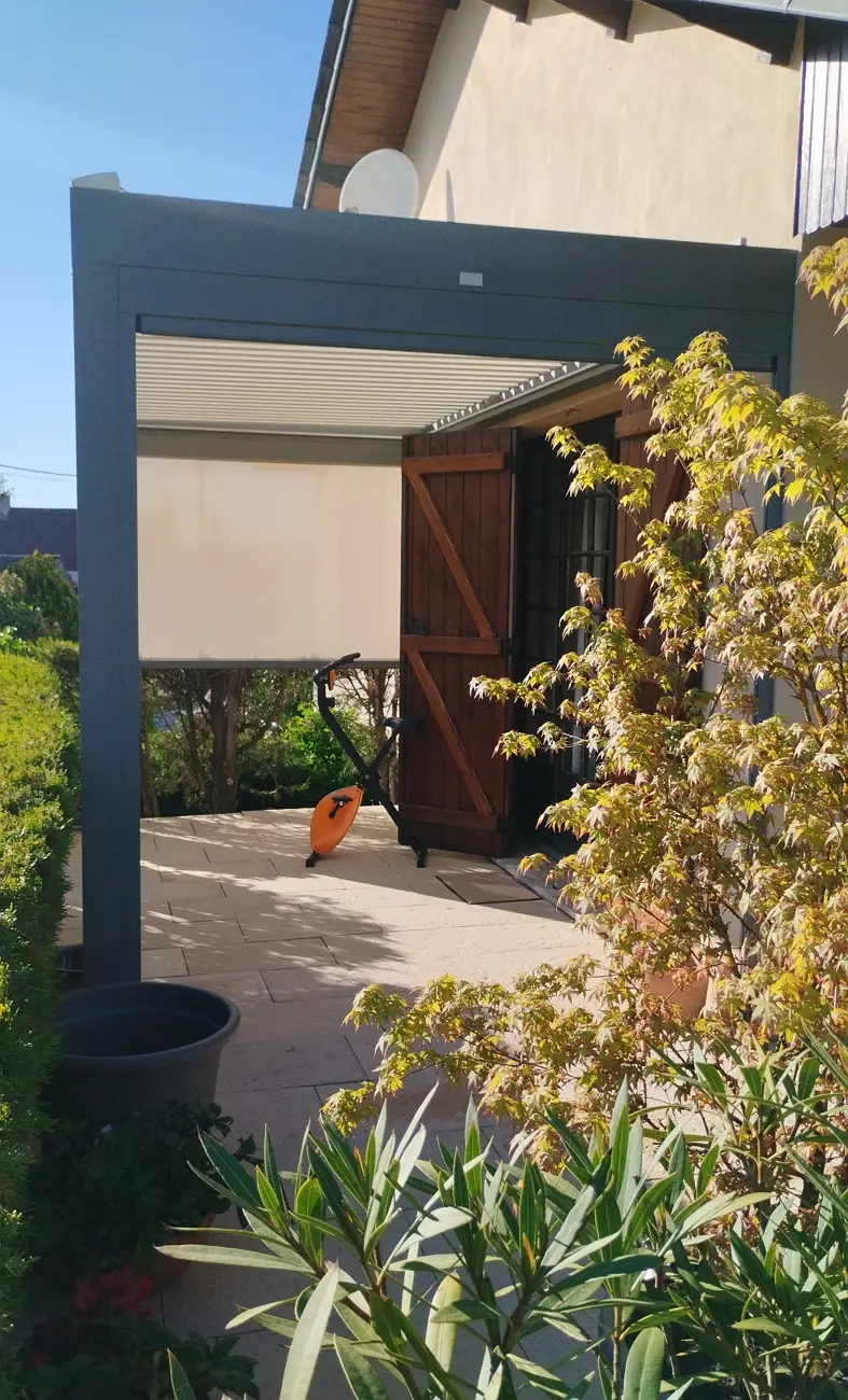Pergola grise près d'une porte en bois, entourée d'arbustes