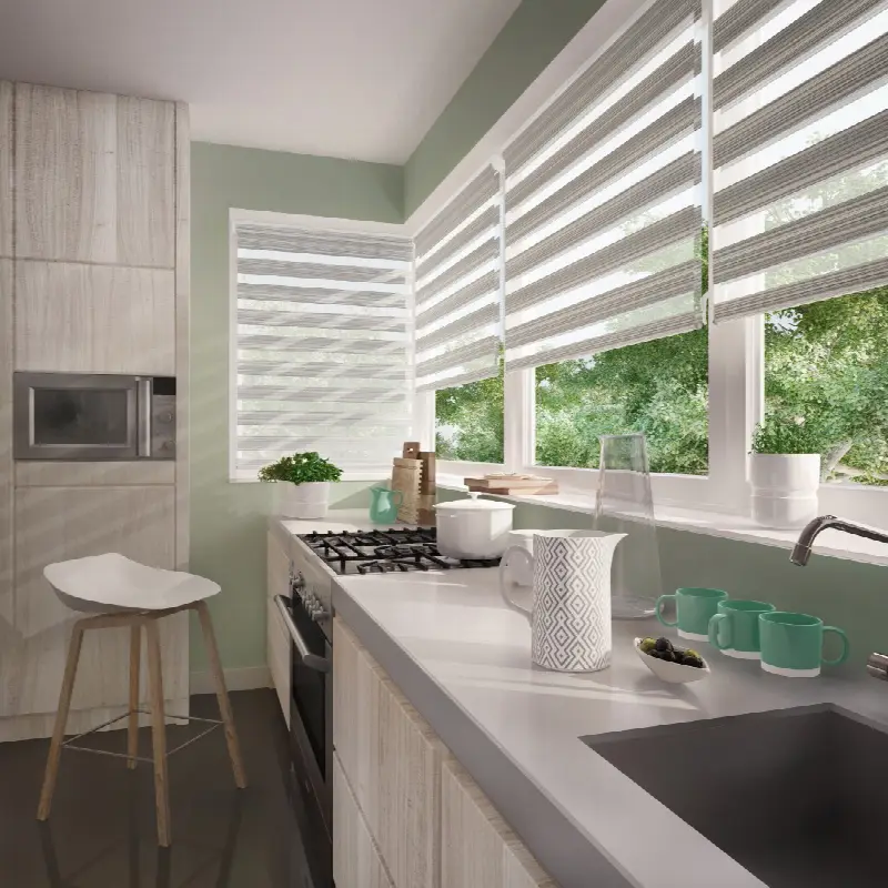 Stores ombre et lumière aux fenêtres d'une cuisine, image de synthèse
